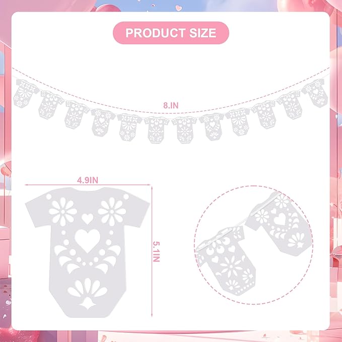 4 Set Cielito Lindo Baby Shower Garland 48 Pcs White Papel Picado Party Decorations Mexican Lace Baby Bodysuit Banner Card with Hanging String for Gender Neutral Party Supplies