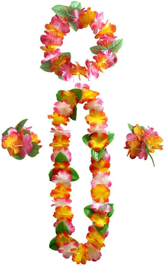 40 PCS Hawaiian Luau Leis,Tropical Luau Party Supplies of Hula Garland Necklaces Bracelets Headband Jumbo Simulated Silk Flowers for Hawaii Decorations, Beach Theme Party Decorations