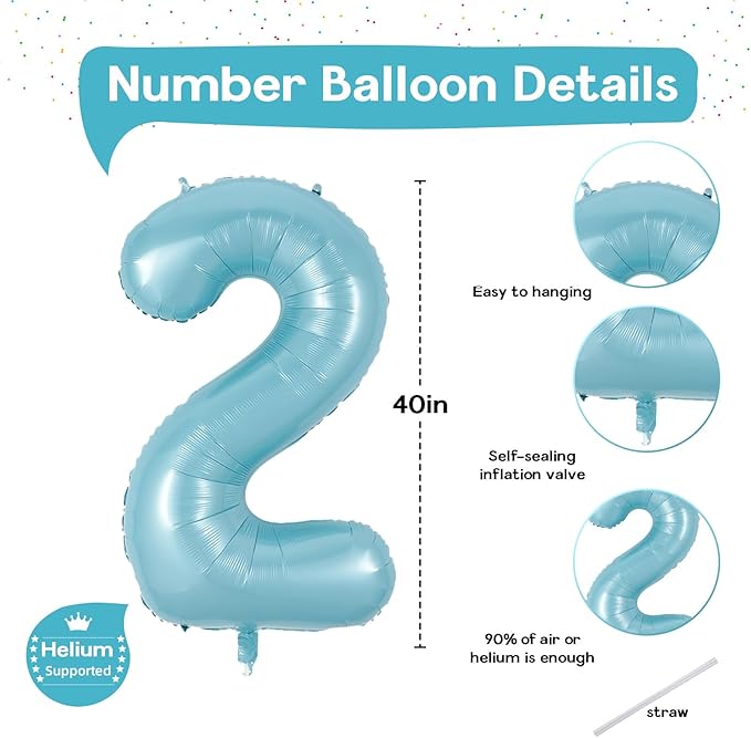 40 Inch 2nd 20th Birthday Number Balloon, Baby Blue Foil Giant Self Inflating Balloons, Light Blue Helium Number Balloons for Boys Kids Happy Birthday Party Anniversary Party Decoration Supplies