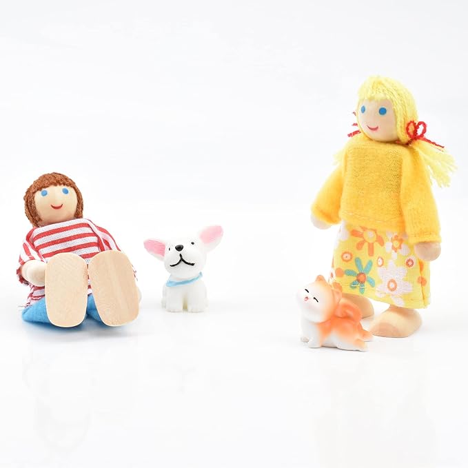 Wooden Doll House People of 8 Miniature Figures and 2 Pets, Dollhouse Dolls Family Set- Dollhouse Accessories for Girls Toddler Kids Pretend Play and Imaginative Fun