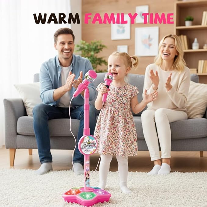 The All in One Microphone Toy, Star Microphone with Stand, Kid Star Microphones Toy Karaoke Machine with Lights, Speaker & Echo Effects, Move to Play (Pink)