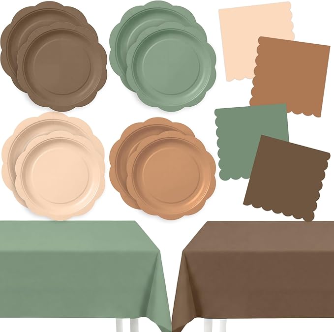 LemonRoad 100 Pcs Woodland Baby Shower Decorations, Sage Green Brown Forest Paper Plates Napkins Plastic Tablecloth Set for 24, Forest Animal 7" & 9" Scalloped Plates for Safari Jungle Party Supplies