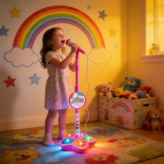2026 New Star Microphone with Stand, Built-in Music & Colorful Lights, Echo Effects Portable Karaoke Machine, Kid-Friendly Singing Toy for Music Play (Pink)