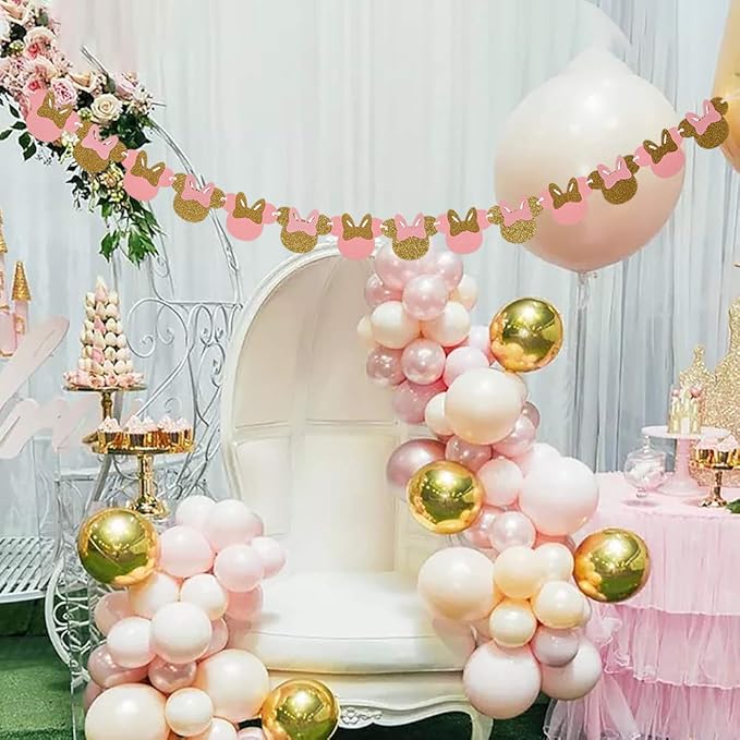38pcs Minnie party supplies Decor Pink and Gold Minnie Paper Fans Minnie Garland Minnie Happy Birthday Banner Balloons for Girls 1st 2nd 3rd Birthday Decor