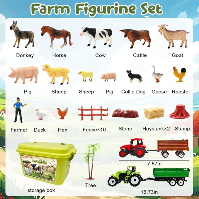 BOLZRA Farm Animal Figures Toy, Realistic Plastic 2 Farm Tractors Playset with Trailer, Farmer Fence Storage Box, Christmas Birthday Easter Gift for Kids 3-8