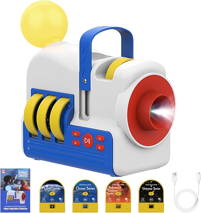 Story Projection Machine with 4 Story Cards, Built-in Audio Player, 9 Sleep Sounds & Gradient Night Light, Gift Toy for Toddlers and Kids (Boys & Girls) Age 3+, Battery or USB Powered