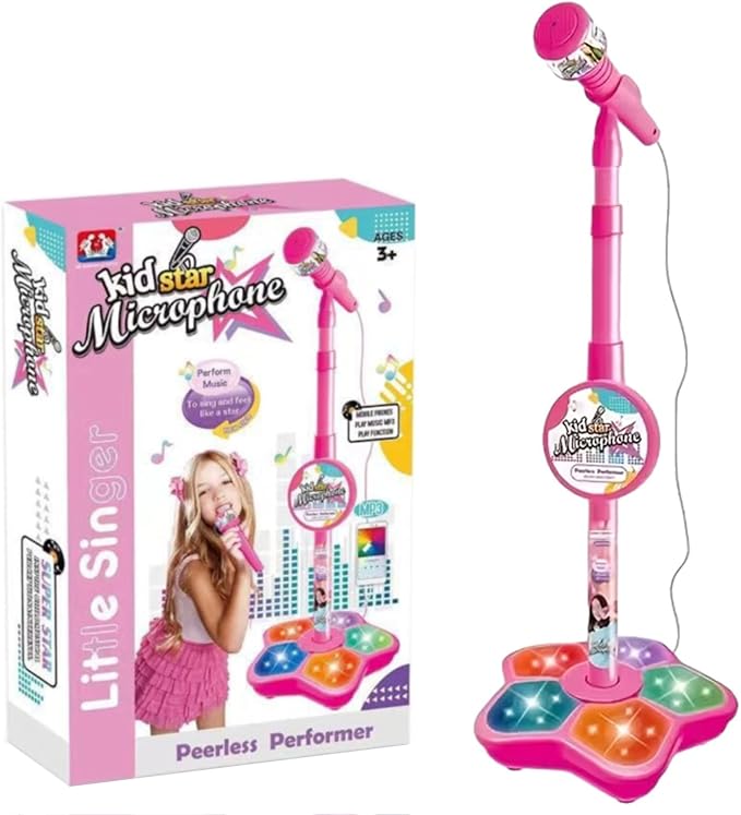 Microphone with Stand, Built-in Music, Colorful Lights, Echo Effects, Portable Karaoke Machine for Singing, Music Play, Fun and Easy-to-Use, Gifts for Musical Lover (1-Pink)