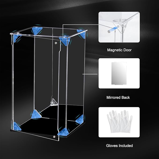 Acrylic Display Case for Collectibles Assemble Clear Acrylic Display Box with Mirrored Back, Alternative Glass Case for Action Figures Lego Model Doll Toys Display (8x8x12 inch; 20x20x30 cm)
