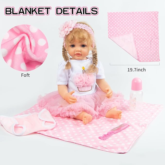 PEDOLLTREE Reborn Baby Dolls Clothes Girl Outfit Accessories Pink Tutu 7 Pcs Set for 17-22 Inch Reborn Doll Newborn Girl with Pink Dot Bassinet