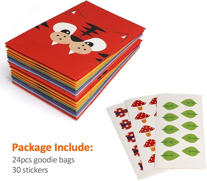Mocoosy 24 Pack Animal Party Favor Bags, Goodie Bags for Kids Birthday, Small Gift Bags Bulk Paper Treat Bags for Toddler Baby Shower Party Supplies School Classroom Loot Bags for Girls Boys