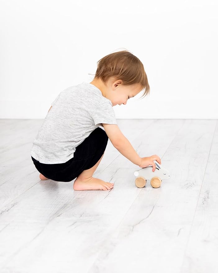 Pearhead Montessori Wooden Bunny Push-Pull Toy for Toddlers – Baby Easter Basket, Easter Bunny Gift for Toddlers, Gray Rolling Rabbit Encourages Motor Skills & Imaginative Play, 12M+