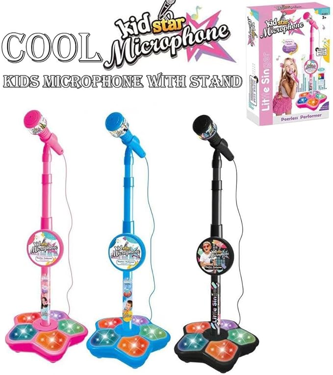 Kids Microphone and Stand,Adjustable K-ids Karaoke Machines with Flashing Stage Lights,Karaoke Microphone with Music Function & Flashing Stage Lights,Stand Up MicrophoneStand for Xms Birthday Gift