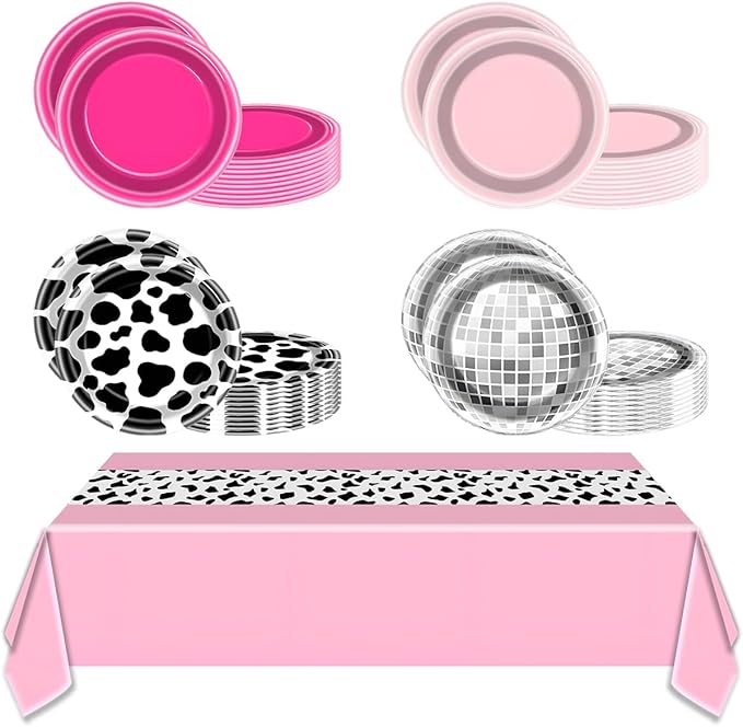 49Pcs Western Cowgirl Party Paper Plates Tablecloth for CowPrint Themed Supplies 7" Hot Pink-Disco Ball Disposable Dessert Plates for Cowgirl Birthday 80s 90s Shower Party Decorations