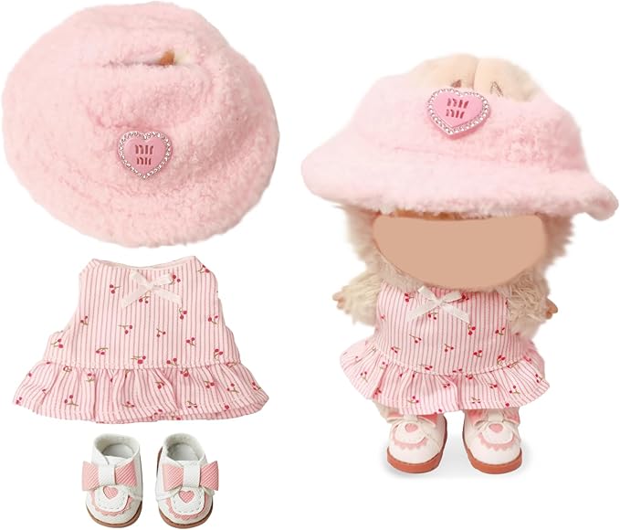 Clothes Compatible with LABUBU Doll – 3PCS Pastoral Style Set, 17cm Doll Clothes Designer Outfit for Sweet Camping Theme, Chic Stylish Accessories for Labubu, No Doll (Cherry Picnic Dress) ﻿