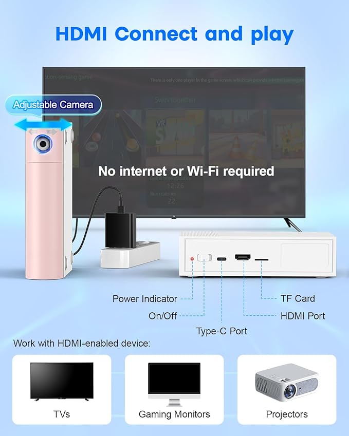 Motion Sensing Game Console - 28 Fun Games, Plug & Play, Light Physical Exercise & Entertainment for Kids & Family, Compatible with TV, PC, Projector—White&Pink