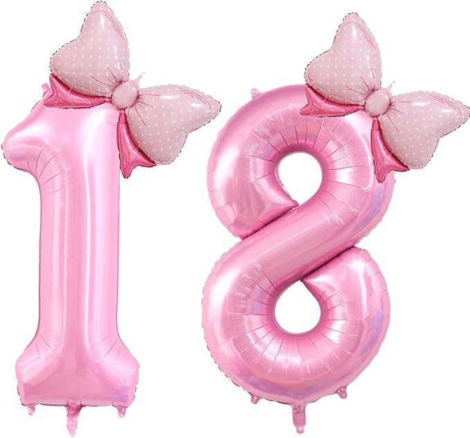 40 inch Number 18 Balloon with Bow Pink Happy Birthday Jumbo Number Balloons for Girls Daughter Birthday Decorations Party Supplies (Pink Number 18)