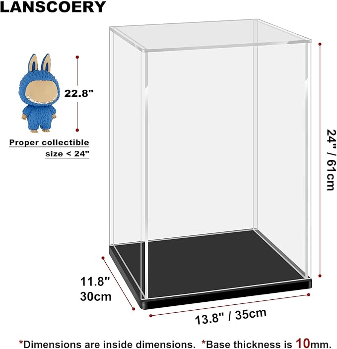 LANSCOERY Acrylic Display Case, Assemble Showcase Display Box for Collectibles, with Dustproof & Seamless Display Design, 13.8x11.8x24 inch Thick Black Base