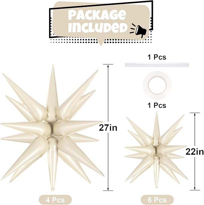 10 Pcs Cream Star Balloons Explosion Balloons Foil Cone Balloon Magic for Birthday Wedding Anniversary Party Backdrops Decorations Supplies, 6 Pcs 22Inches and 4 Pcs 27Inches