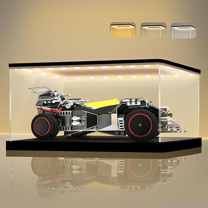 LANSCOERY Acrylic Display Case with Adjustable Yellow/White/Warm LED Light, UV Protection Clear Display Box, Dustproof Showcase for Action Figures, Models, Collectibles - 9.8x5.1x4inch
