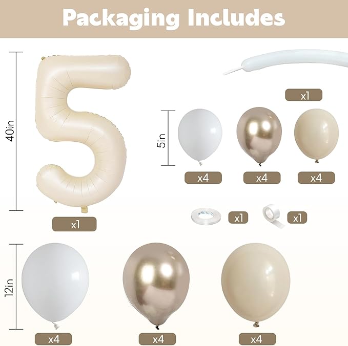 40 Inch Cream Number 5 Birthday Balloon Beige White Sand Number Five Foil Balloon Tower Giant Large Nude Neutral Digit Helium Balloons Stack Stand for Girls Boys 5th Anniversary Party Decoration