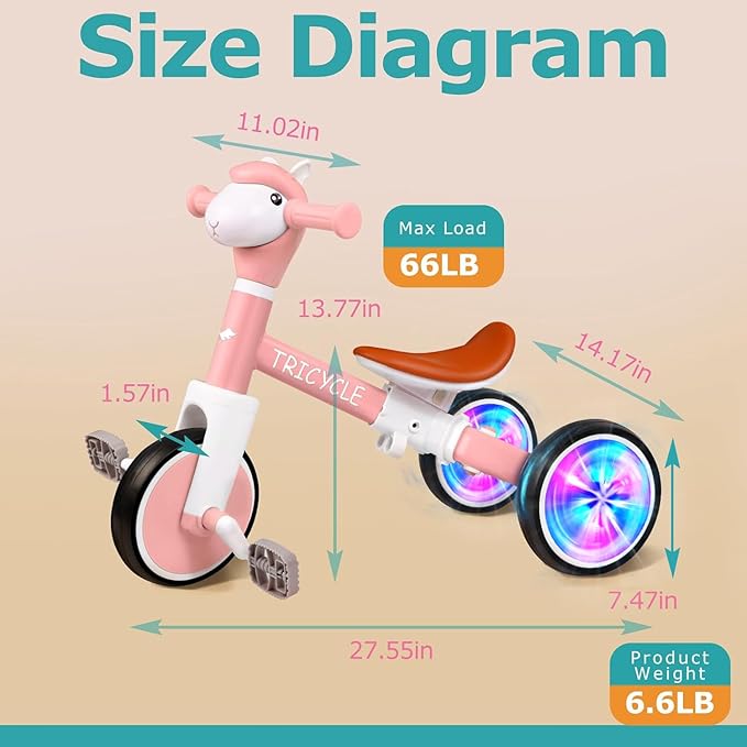 Toddler Balance Bike for Boys Girls, Tricycle for Toddlers 1-5 Year Olds, Toddler Tricycle with Light & Music Front, Kids Bicycle with Removable Pedal, Birthday Gifts for Kids (Flash Wheel Pink)