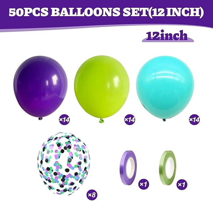 Green Purple Teal Balloons, 50Pcs 12 Inch Fruit Green Purple Teal Blue Confetti Birthday Balloons for Kids Boy Cartoon Theme Birthday Cartoon Party Baby Shower Decorations