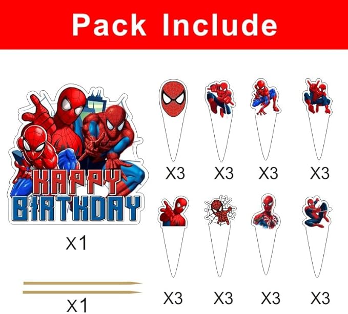 25pcs Spider Cake Decorations with 1pcs Cake Topper, 24pcs Cupcake Toppers for Spider Birthday Party Supplies