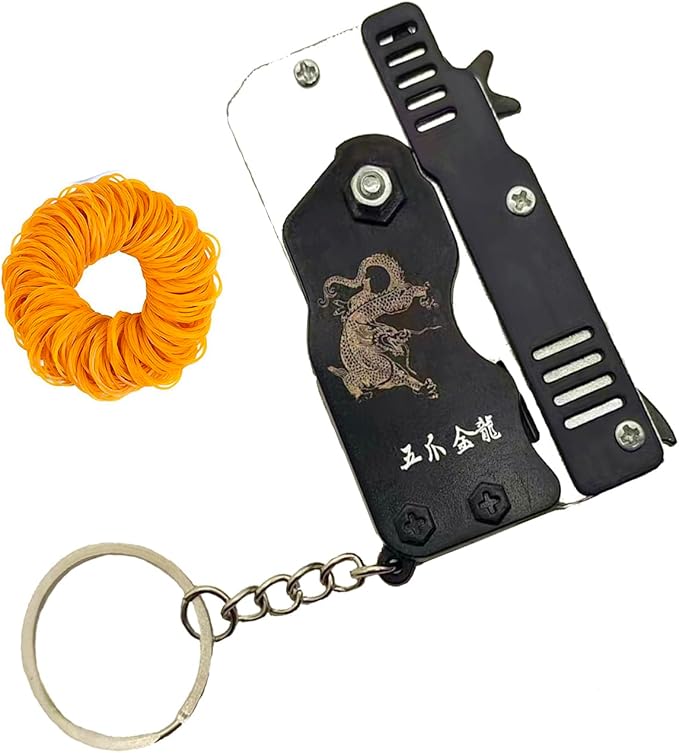 Kids Toys Cool Keychain Mini Metal Folding Rubber Launcher Toy with 60 Elastic Rubber Bands for Outdoor Activities (Black)