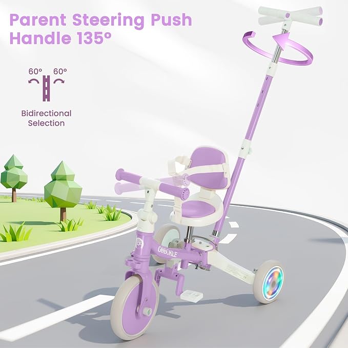 5-in-1 Tricycle for Toddlers 1-3, Convertible Toddler Bike with Push Handle & Removable Pedals, Balance Bike with Colorful Lighting Wheels, Adjustable Seat Height with Backrest (Purple)