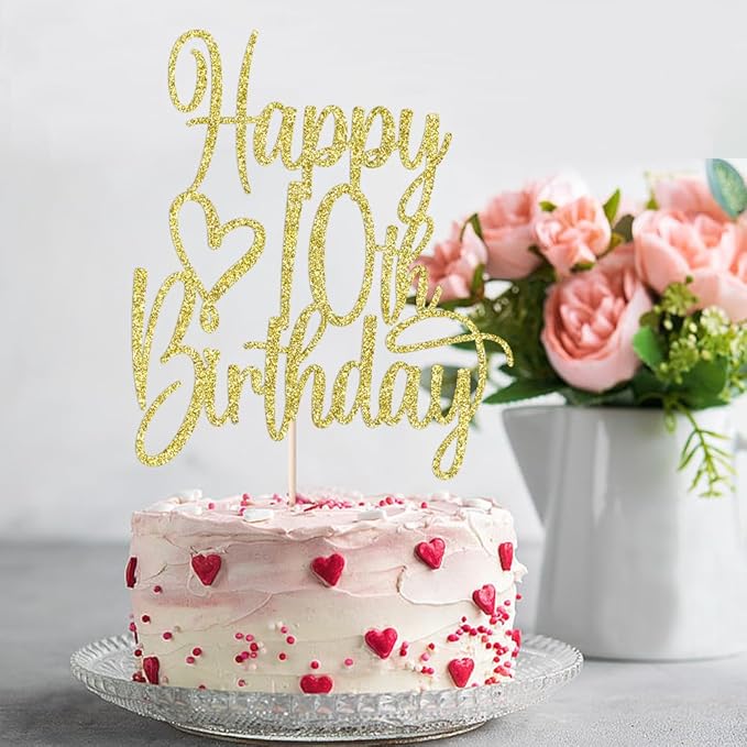 Gold Glitter Happy 10th Birthday Cake Topper - Cheers to 10 Years Cake Topper, 10 & Fabulous Cake Decoration for Hello 10th Birthday Anniversary Party Cake Decorations Supplies