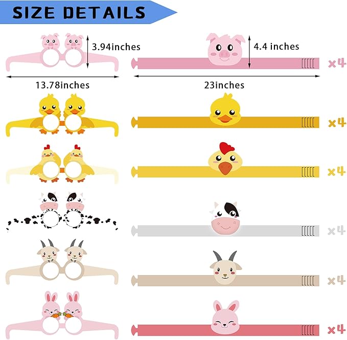 48 Pieces Farm Animal Paper Eyeglasses Farm Animal Birthday Paper Crown Headbands Farm Kids Birthday Party Hats Cow Chicken Barnyard Party Favors for Kids Toddlers Baby Holiday Games Party Supplies