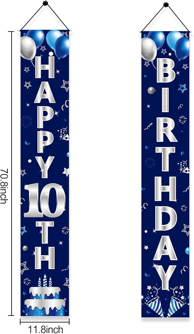 Blue Silver 10th Birthday Door Banner Decorations, Happy 10 Birthday Party Porch Banner Supplies for Boys, Sweet 10 Year Old Birthday Party Supplies