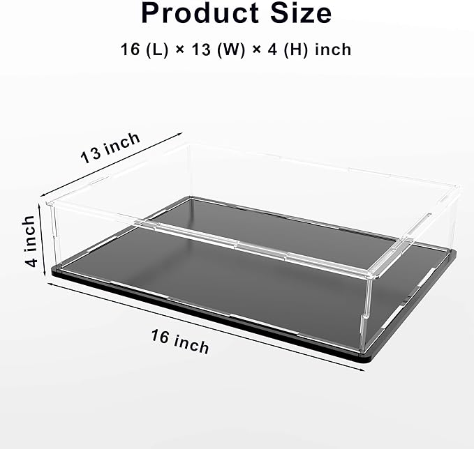 Figure Display Case, Short & Flat Acrylic Case for Collecting Books, Clear Box for Displaying Medals, Stamps, Collectibles and Cards，16" L x 13" W x 4" H