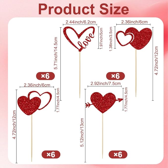 Valentines Cupcake Toppers, 24 PCS Glitter Red Heart Cupcake Picks, Valentines Cake Decorations Heart Love Food Picks Cupcakes Toppers for Valentine's Day Party Decorations Supplies