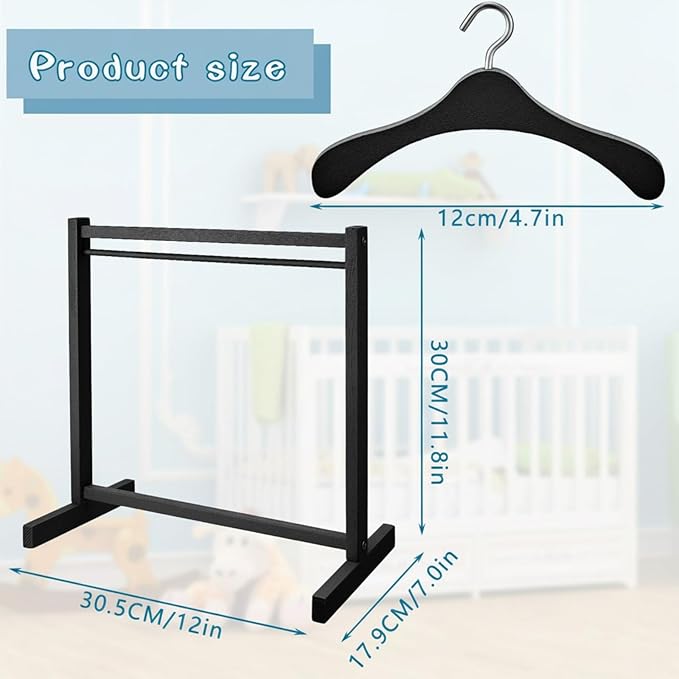 Civaner 11 Pcs Doll Garment Rack with Wooden Clothes Hanger for 18 Inch Girl Doll Clothes Mini Hangers Wardrobe Furniture Accessories for Dollhouse Baby Shower Supplies (Black)