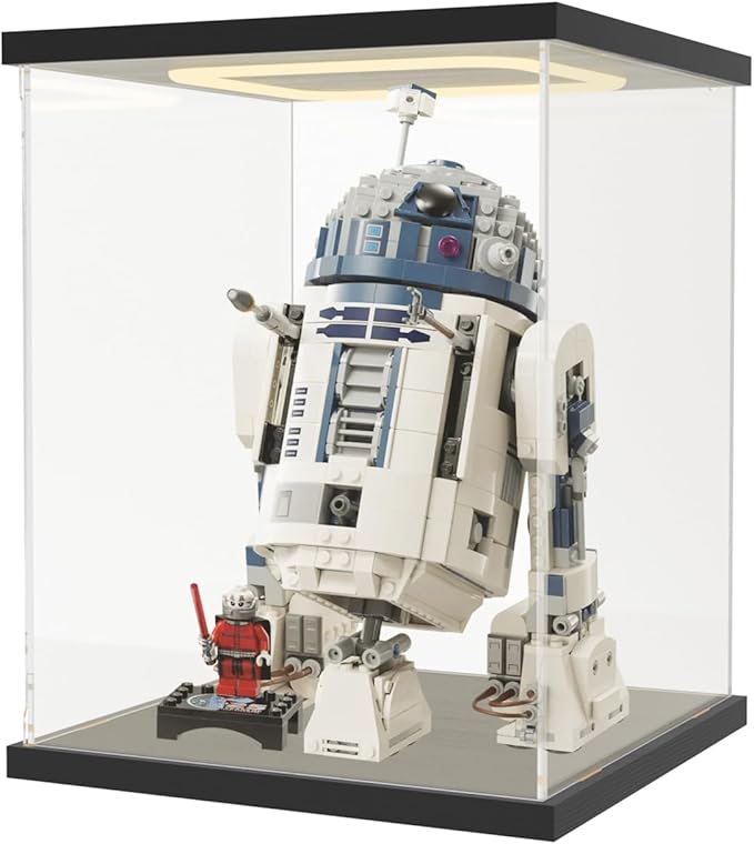 Nynelly Acrylic Display Case for Collectibles, Clear Lighted Display Box for Lego R2D2 75379 , 75304 75349 Star Wars Helmet, Trophy Display Case Assemble Dustproof Figures Showcase, 7.9x7.9x9.8in