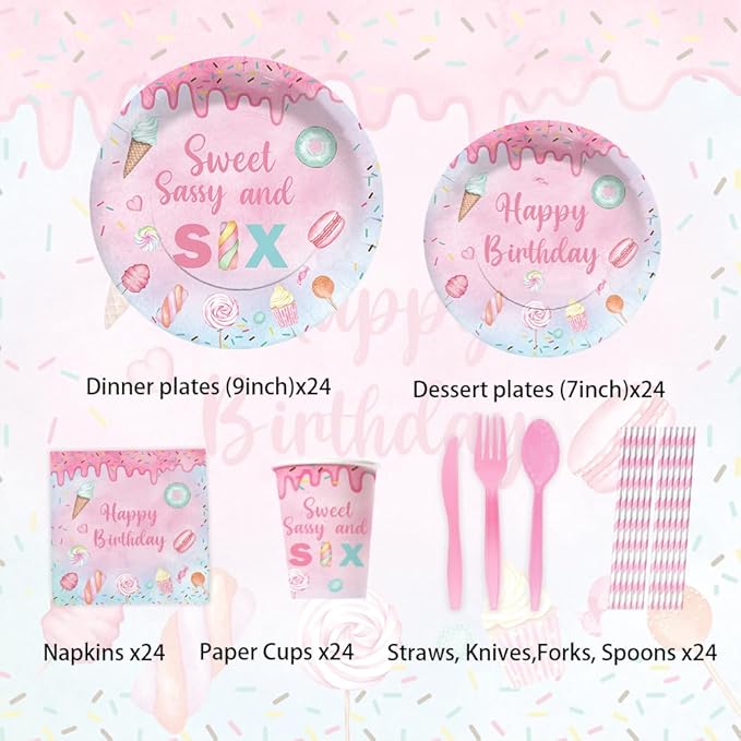 Lofaris Sweet Sassy and Six Birthday Party Supplies Serves 24 - 192Pcs Donut Tableware Set - Candy Dessert Theme Decorations Plates Napkins Cups for Girls
