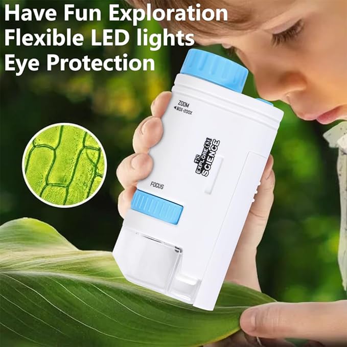 Microscope Pocket Handheld Miniscope 80X-200X Portable Microscope with LED Light for Learning Education Exploring (Blue)