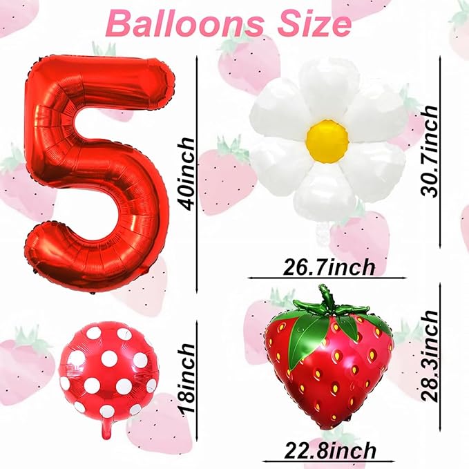 Strawberry Balloons Fifth Birthday Decorations for Girl, 40 Inch Mylar Red Number 5 Balloons, Strawberry Balloon for Strawberry Party Decorations, Strawberry Themed Party