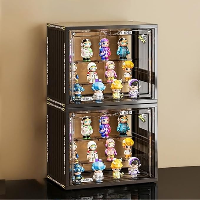 Clear Display Case for Figures, Acrylic Display Case for Collectibles, Adjustable Figure Display Case with Magnetic Door, Stackable Display Box for Action Figures, Pop Mart, Funko Pop (Black, 1 Pack)
