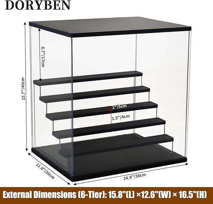 Acrylic Display Case with Adjustable LED Light, 6 Tier Clear Display Box Dustproof Showcase for Action Figures, Collectibles and Mini Toys, Assembly Display Cabinet(Black 15.5*12.5*16.7in)