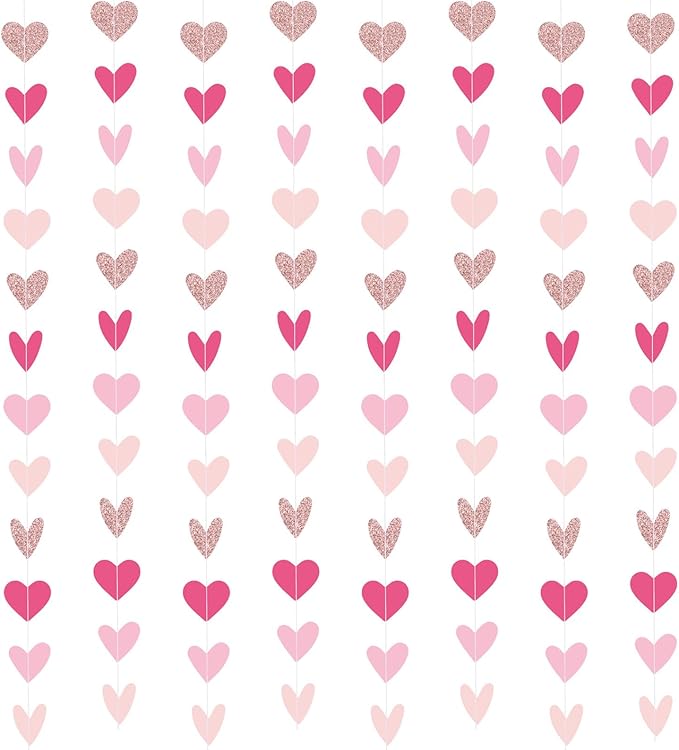 Capoda 8 Pcs Valentine's Day Garland Decorations Rose Gold Pink Burgundy Heart Garland Banners Glittery Valentines Hanging Decor for Sweet Day Birthday Wedding Anniversary Party Supplies
