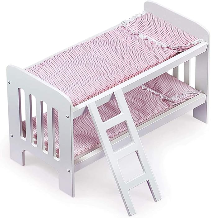 Badger Basket Doll Bunk Bed with Bedding & Ladder - Two Level Wooden Bed for Dolls, Includes Bedding & Accessories- White/Pink Gingham