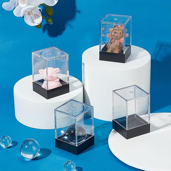FINGERINSPIRE 4 Pcs Small Rectangle Plastic Collectibles Case 1.5x1.5x2.7inch Black Base Clear Lid Storage Box Mini Dustproof Protection Display Box for Action Figures Miniature Doll Models Crystals