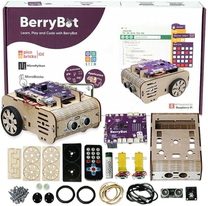 BerryBot – Programmable Robot Kit with Raspberry Pi RP2040 | STEM Learning, Graphical Coding, Easy Assembly, Obstacle Avoidance, Line and Light Tracking, Sumo Battle Modes, Scratch Robot