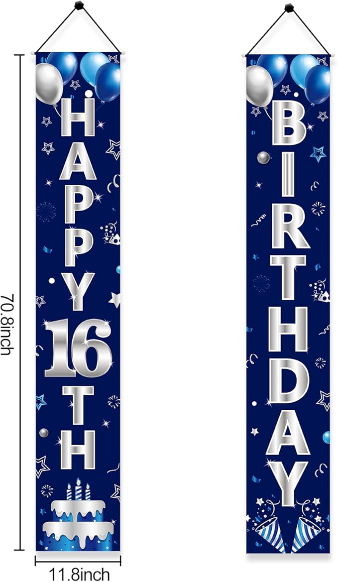 Blue Silver 16th Birthday Door Banner Decorations, Happy 16 Birthday Party Porch Sign Supplies for Boys, Sweet 16 Year Old Birthday Party Supplies