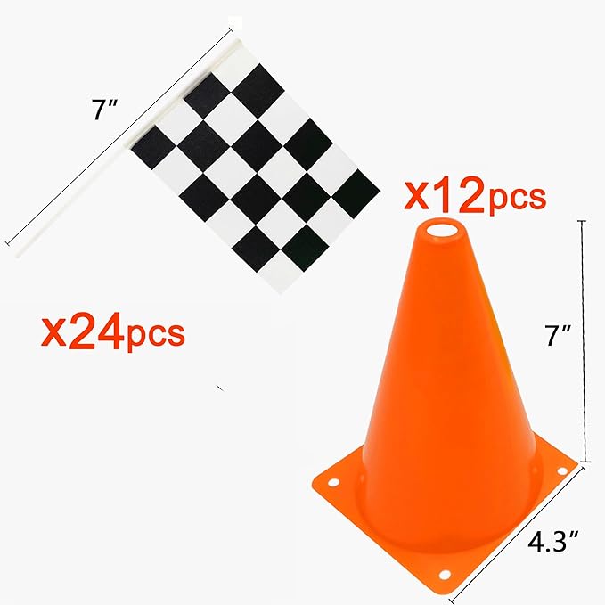 Race Car Birthday Party Decorations - 7inch Orange Race Cones(Holes on Top) with Checkered Flags,12 Traffic Cones, 24 Racing Black and White Flags,Racecar Theme Two Fast Centerpieces Supplies(36PCS)