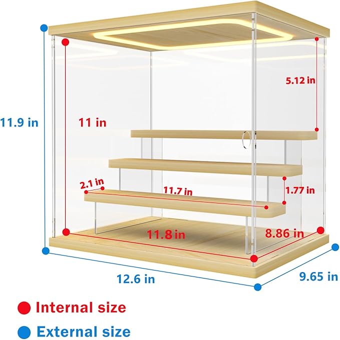Nynelly Acrylic Lighted Display Case for Collectibles, 4 Tier Figure Display Box with Door and Steps, Assemble Dustproof LED Showcase Storage Box for Mini Figures, Funko Pop, Toys, Wood Color