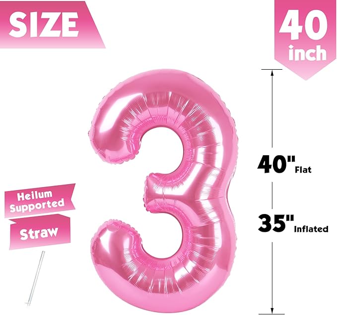 40 Inch Pink Number 3 Balloon, Giant 3 Number Balloons for 3rd Birthday Decorations, Party Supplies for Baby Boy Girl, Pink Party Decor