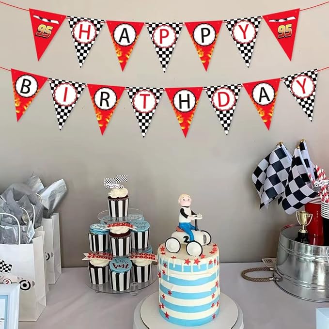 Race Car Happy Birthday Banner - Racing Themed Party Sign, Checkered Flag Decorations